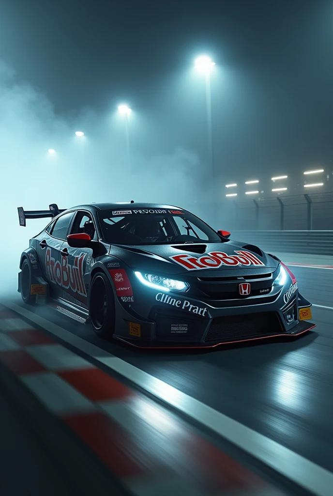 Honda civic modified with body kit on race in racing track in night in fog 