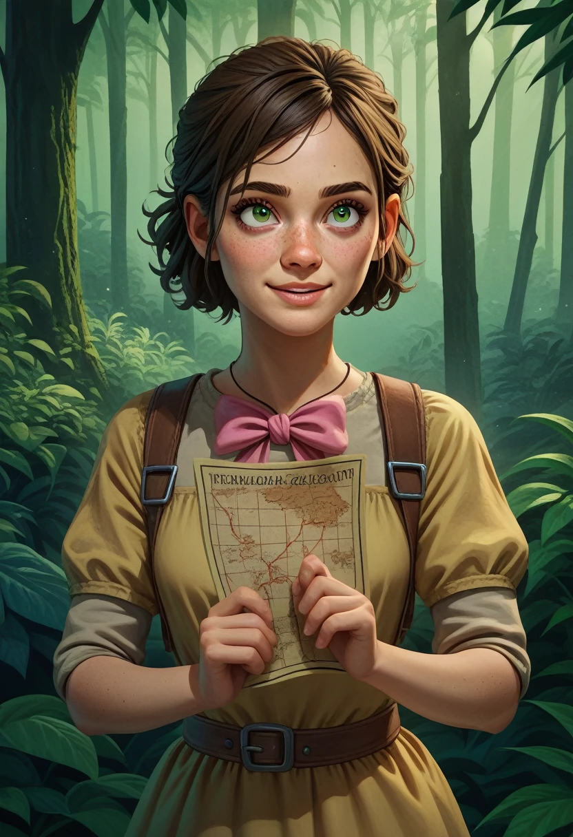 Character: Ellie, a  girl Appearance: Ellie has short, curly brown hair with a pink bow on the side, large curious green eyes, a round face with freckles, and a joyful smile. She wears a light yellow dress with puffed sleeves and white shoes. A cartoon vector illustration of Ellie standing at the entrance of a lush green forest, with sunlight streaming through the trees, in a 2.5D style. Ellie is looking up with wide eyes, holding a small map in one hand, ready to explore.