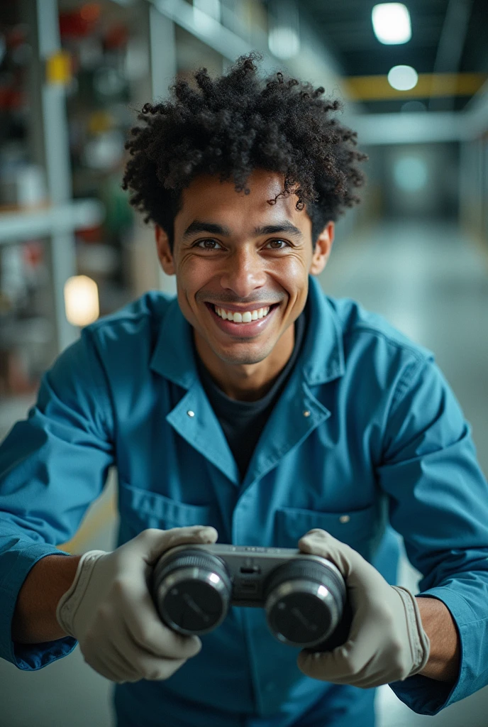 photo of a thin male electrical engineer with short curvy black hair wearing complete safety clothing and safety gloves smiling broadly while working in front of a human machine interface for electrical power research with a background of active nuclear fusion, the photo was taken from directly above and highlights the face down to the feet