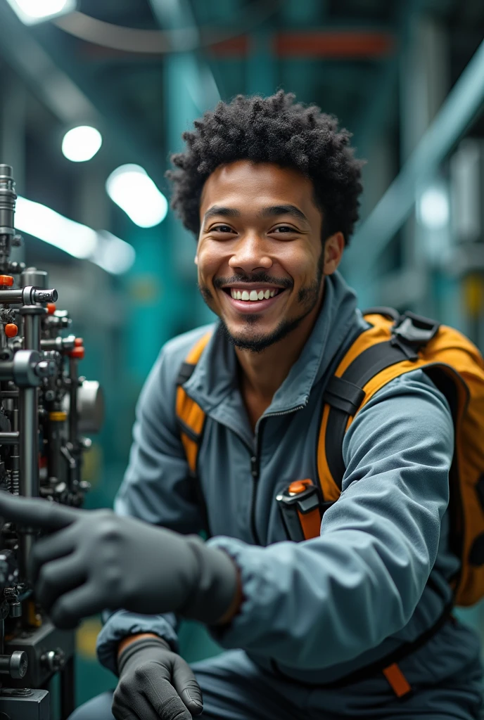photo of a thin male electrical engineer with short curvy black hair wearing complete safety clothing and safety gloves smiling broadly while working in front of a human machine interface for electrical power research with a background of active nuclear fusion, the photo was taken from directly above and highlights the face down to the feet