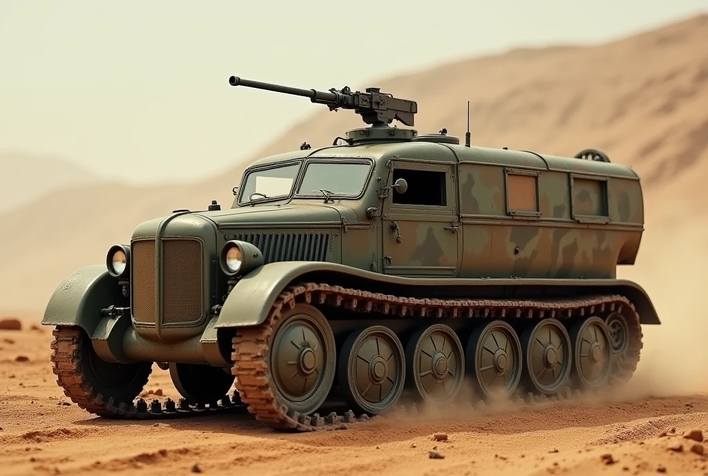 WWII German Half-track、Shallow depth of field、(masterpiece:1.3) (最high quality:1.2) (high quality:1.1)、Cinematic Light, ((Cinema Lighting),(Natural light),(High level of artistry),(artistic),(Genuineと見分けがつかない品質),RAW Photos,Genuine,Genuine,High resolution,RAW Photos,masterpiece, beautiful,Roof hatch and roof mounted machine gun.Lightly Armed, Light Armor, Military Vehicles, Military weapons, Military equipment, Camouflage,desert、caterpillar、crawler track、