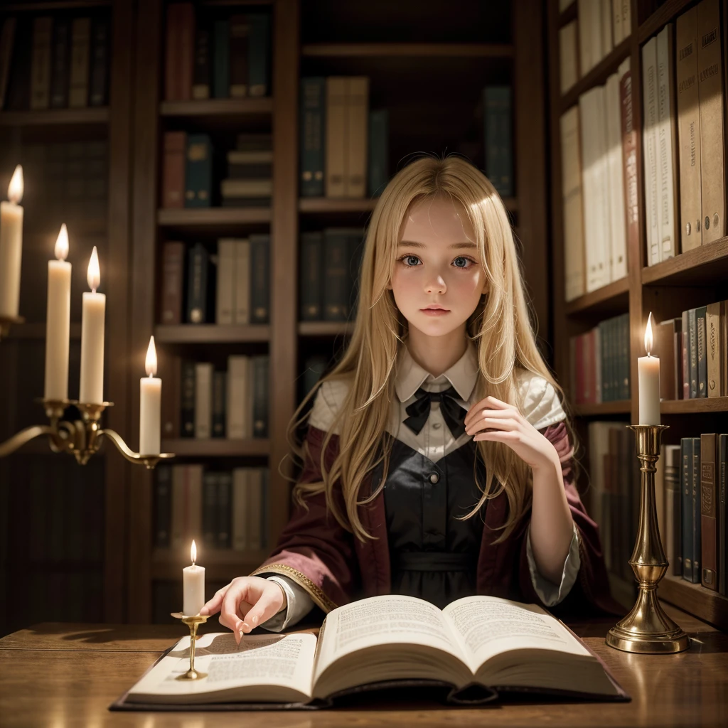 A captivating and enchanting photograph of a blonde student at a magical academy, immersed in her studies amidst the enchanting atmosphere of an ancient library filled with spellbooks and magical artifacts. The young student is dressed in the academy's traditional robes, adorned with the emblem of her house, as she intently reads a dusty tome that levitates before her, held aloft by a spell she has expertly cast. The photograph is beautifully composed using a Nikon D850 DSLR camera and a Nikkor 35mm f/1.8 lens, known for its sharpness and ability to render rich, vibrant colors. The camera settings are carefully chosen to capture the magical essence of the scene: an aperture of f/2, ISO 800, and a shutter speed of 1/60 sec, allowing the subtle, flickering glow of enchanted candles to illuminate the library's mysterious depths. The composition thoughtfully employs a shallow depth of field, placing the focus on the blonde student while the library's ancient, towering bookshelves fade softly into the background, adding a sense of wonder and intrigue to the scene. The photograph is further enhanced by the delicate play of light and shadow cast by the candles, casting a warm, ethereal glow that highlights the student's determination and passion for her magical studies. --chaos 60 --style raw --stylize 700 --weird 1800 --v 6.1