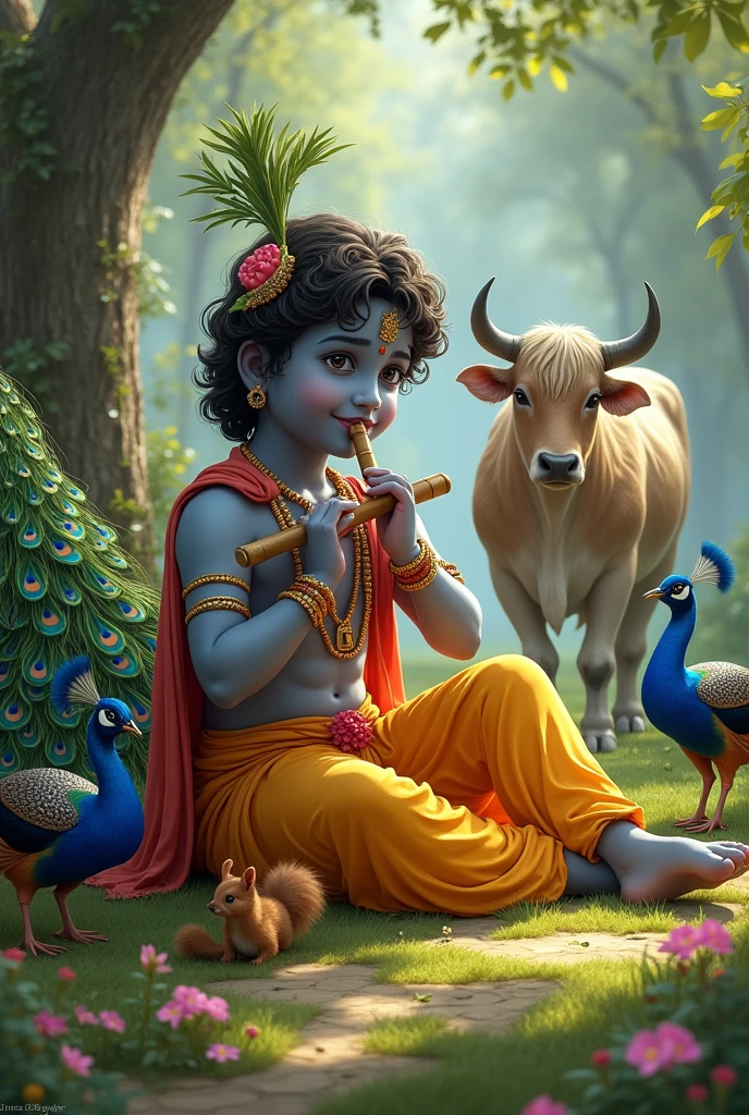 ) Shri krishna playing bamboo flute sitting on a ground, beautiful group of peacock, squirrel and a beautiful cow beside, fantasyreal