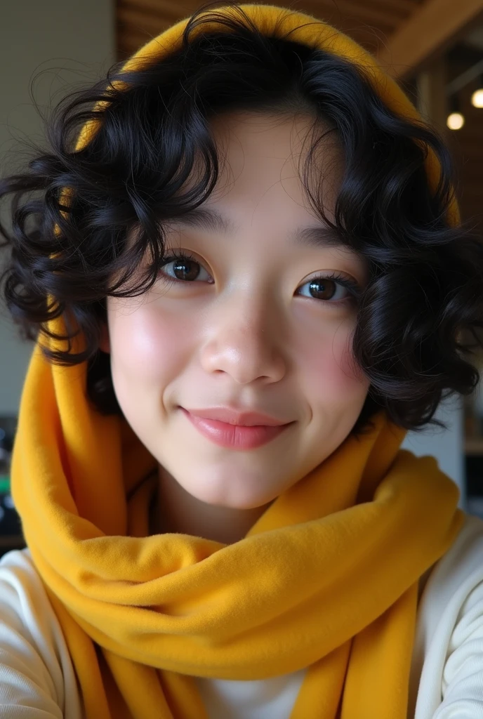 it is a selfie picture , a real girl , No cosmetic surgery, smiling , black hair , curly hair , black eyes , young , normal face , not much beauty , yellow scarf cover top of head , 