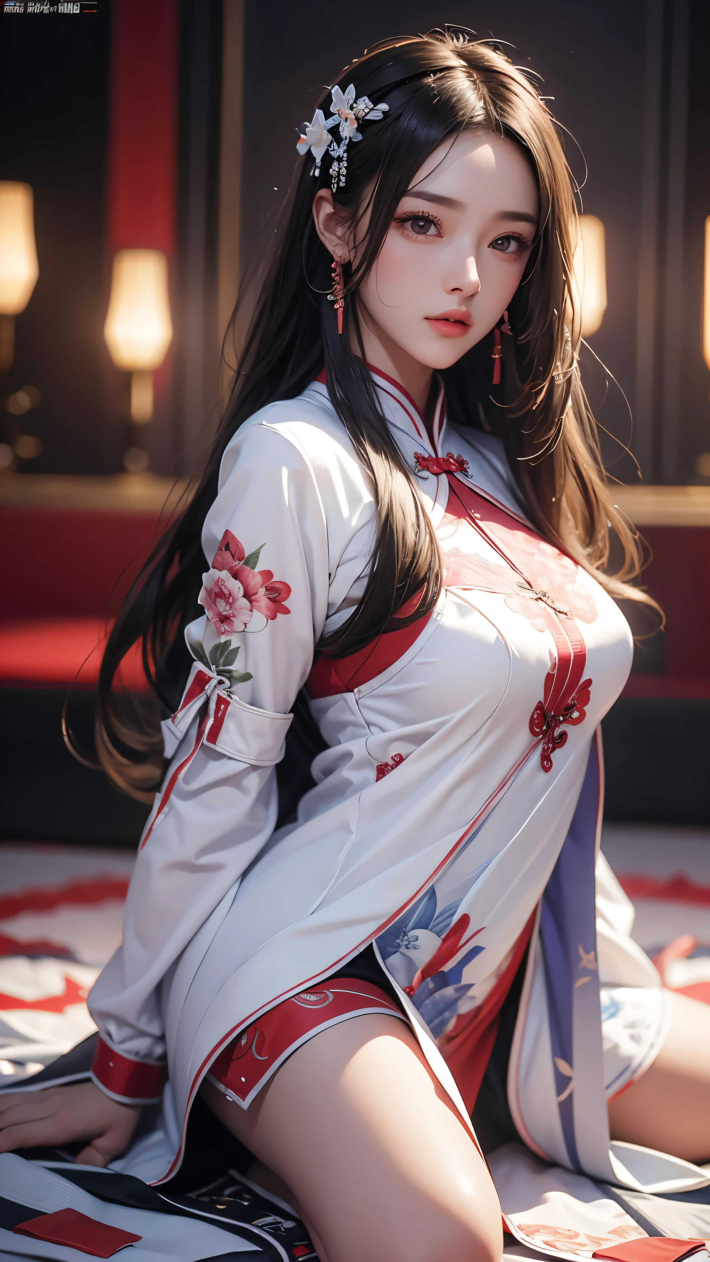 masterpiece, Highest quality, Very detailed, Facing the camera, Super detailed and complicated, Realistic, Sharp features, Very detailed, Sharp focus, Perfect Face, Perfect Face, Perfect symmetrical perfect eyes, Perfect Plump Lips, Flexible female form, cinematic, Film Light, Super detailed, hyper Realistic, masterpiece, Atmospheric, High resolution, Vibrant, Cheongsam Girl,Long Hair,Pure white background,Depth of written boundary,Low angle view,Calf Level View,Overclocked Renderer,Cinema Lighting,Ultra-fine,Very detailed,complicated,cinematic Perspective,CG Art,Side zipper