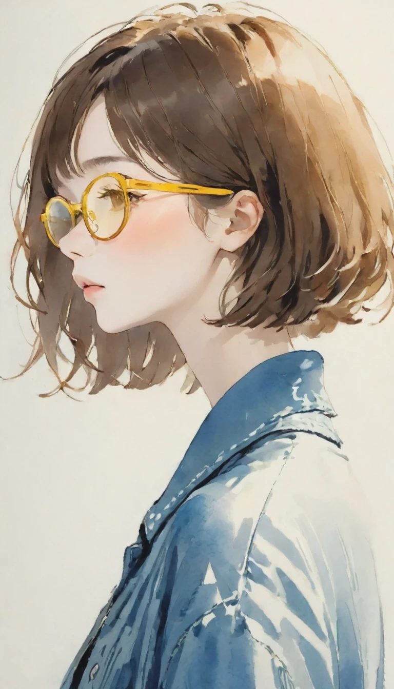 watercolor、Bright、Beautiful colors、Perfect Anatomy、Cowboy Shot、Eyes closed、cute、profile、Brown Hair、Yellow Eyes、Black-rimmed glasses、Short Bob Hair