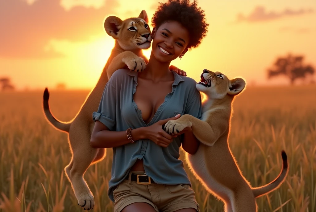 A dynamic, photorealistic image capturing a playful moment. It features a young African woman with short, curly black hair, laughing as she playfully wrestles with a mischievous lion cub. She is dressed in comfortable khaki shorts and a loose blue t-shirt that is completely torn, especially around her chest area. The t-shirt is ripped open, revealing a significant portion of her breasts, emphasizing the extent of the damage to her clothing. Her eyes sparkle with joy. The lion cub playfully bites at her torn t-shirt while she gently tries to hold it back. The two are positioned in the middle of a field of tall, golden grasses, with a spectacular sunset casting a warm glow over the scene. The woman wears a beaded bracelet. The sun is positioned just behind her, creating a backlit effect