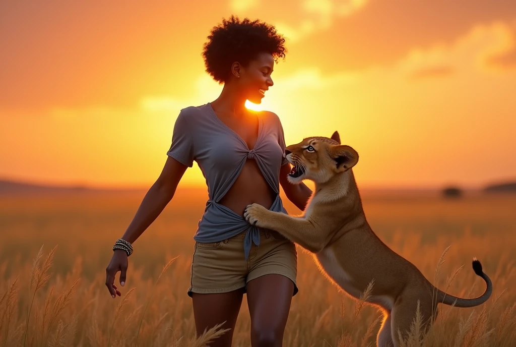 A dynamic, photorealistic image capturing a playful moment. It features a young African woman with short, curly black hair, laughing as she playfully wrestles with a mischievous lion cub. She is dressed in comfortable khaki shorts and a loose blue t-shirt that is completely torn, especially around her chest area. The t-shirt is ripped open, revealing a significant portion of her breasts, emphasizing the extent of the damage to her clothing. Her eyes sparkle with joy. The lion cub playfully bites at her torn t-shirt while she gently tries to hold it back. The two are positioned in the middle of a field of tall, golden grasses, with a spectacular sunset casting a warm glow over the scene. The woman wears a beaded bracelet. The sun is positioned just behind her, creating a backlit effect