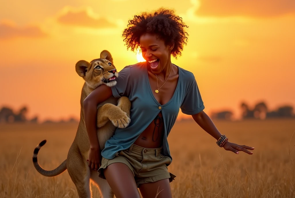 A dynamic, photorealistic image capturing a playful moment. It features a young African woman with short, curly black hair, laughing as she playfully wrestles with a mischievous lion cub. She is dressed in comfortable khaki shorts and a loose blue t-shirt that is completely torn, especially around her chest area. The t-shirt is ripped open, revealing a significant portion of her breasts, emphasizing the extent of the damage to her clothing. Her eyes sparkle with joy. The lion cub playfully bites at her torn t-shirt while she gently tries to hold it back. The two are positioned in the middle of a field of tall, golden grasses, with a spectacular sunset casting a warm glow over the scene. The woman wears a beaded bracelet. The sun is positioned just behind her, creating a backlit effect
