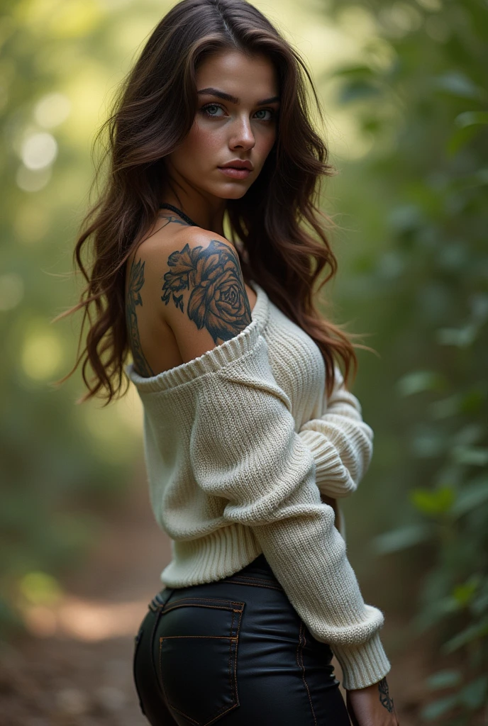 selfie, clin d'œil, jolie femme au visage de bébé, expression attrayante et séduisante, Timide, Cheveux brun, front, se maquiller, yeux bleus, proportion corporelle superlative, couvert de tatouages, portant une chemise en tricot ample, pantalon en cuir moulant, Bottes d'ingénieur, Artistique, Hyper, art numérique graphique CG TATOUE ou on la voit en entier dans la nature de dos