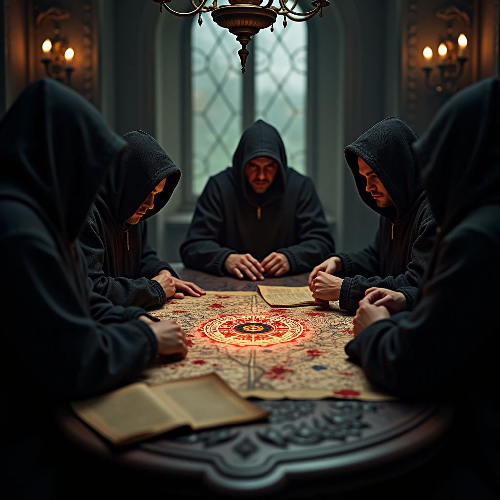 Close-up shot, Low angle shot, a candlelit room where five man sitting, their faces serious and determined, wearing culthu robe with hood, the table covered with bloody maps, books, and a glowing mysterious symbol. in the background representing the Illuminati’s influence. The contrast between the calculated plotting and creates a sense of tension and mystery, leaving the viewer questioning the true nature of the Illuminati.) unreal engine, cinematic, hyper-real, highly detailed, Ultra realistic HD --q 2 --v 6.1 --ar 9:16