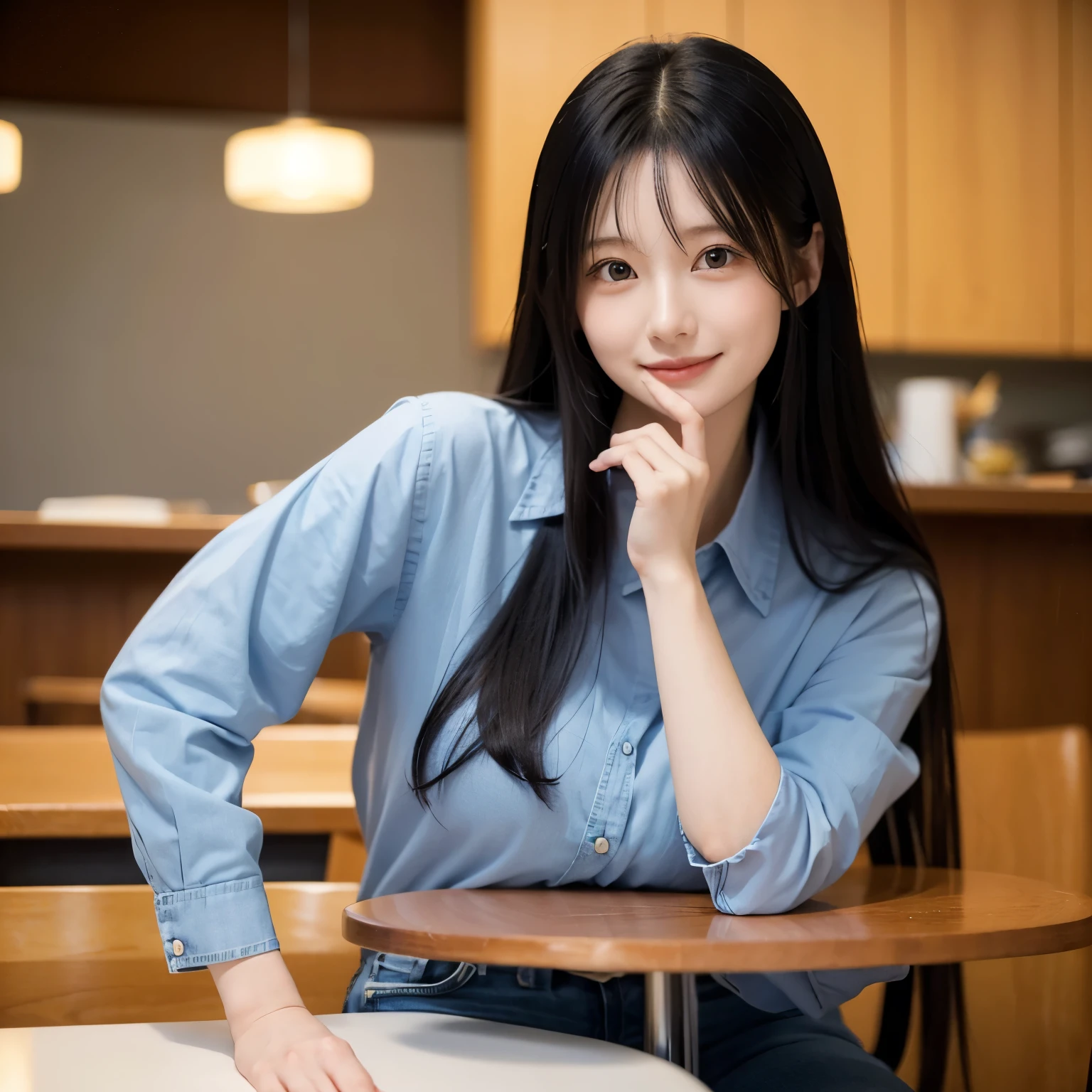 A realistic photograph of a young Japanese woman sitting with a cheerful expression in a cafeteria, wearing a soft blue-colored long-sleeved shirt and blue jeans. She is posing with her index finger placed over her lips in a 'Shhh!' gesture, creating a playful and lighthearted mood. Her body is slightly angled forward as she smiles softly, emphasizing her friendly and approachable demeanor. The style is natural and lifelike, with a focus on realism and photographic details, avoiding any cartoonish or animated elements