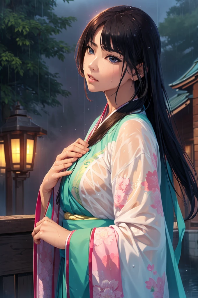 Heavy rain background、In the storm、in the forest、Walking in the river、On the run、In the fog、war (Highest quality,4K,8k,High resolution,masterpiece:1.2), Very detailed, (Realistic,Realistic,Realistic:1.37), High resolution, Hyper HD, Studio Lighting, Ultra-fine painting, Sharp focus, Physically Based Rendering, Very detailed説明, Professional, Vibrant colors, Bokeh, Sports Late Night, Ancient War Landscapes, Traditional Chinese Painting Techniques, Atmospheric lighting, Vivid color contrast, Ethereal atmosphere,Very detailed目と顔, Beautiful attention to detail, Light on the face,白いHanfu (Hanfu: 1.1),My whole body is wet、My clothes are wet and transparent、Nipples are visible、The nipples are pale pink、Rain clouds spreading across the sky、Heavy rain weather、Pouring rain、Wind and rain storm、((Soaked skin from head to toe))、((Rain-soaked clothes(Rain dripping from clothes))、((The lines of your body are clearly visible through your wet clothes...))、、(Green Eyes: 1.1)、Slim figure、Small breasts、Sexy pose