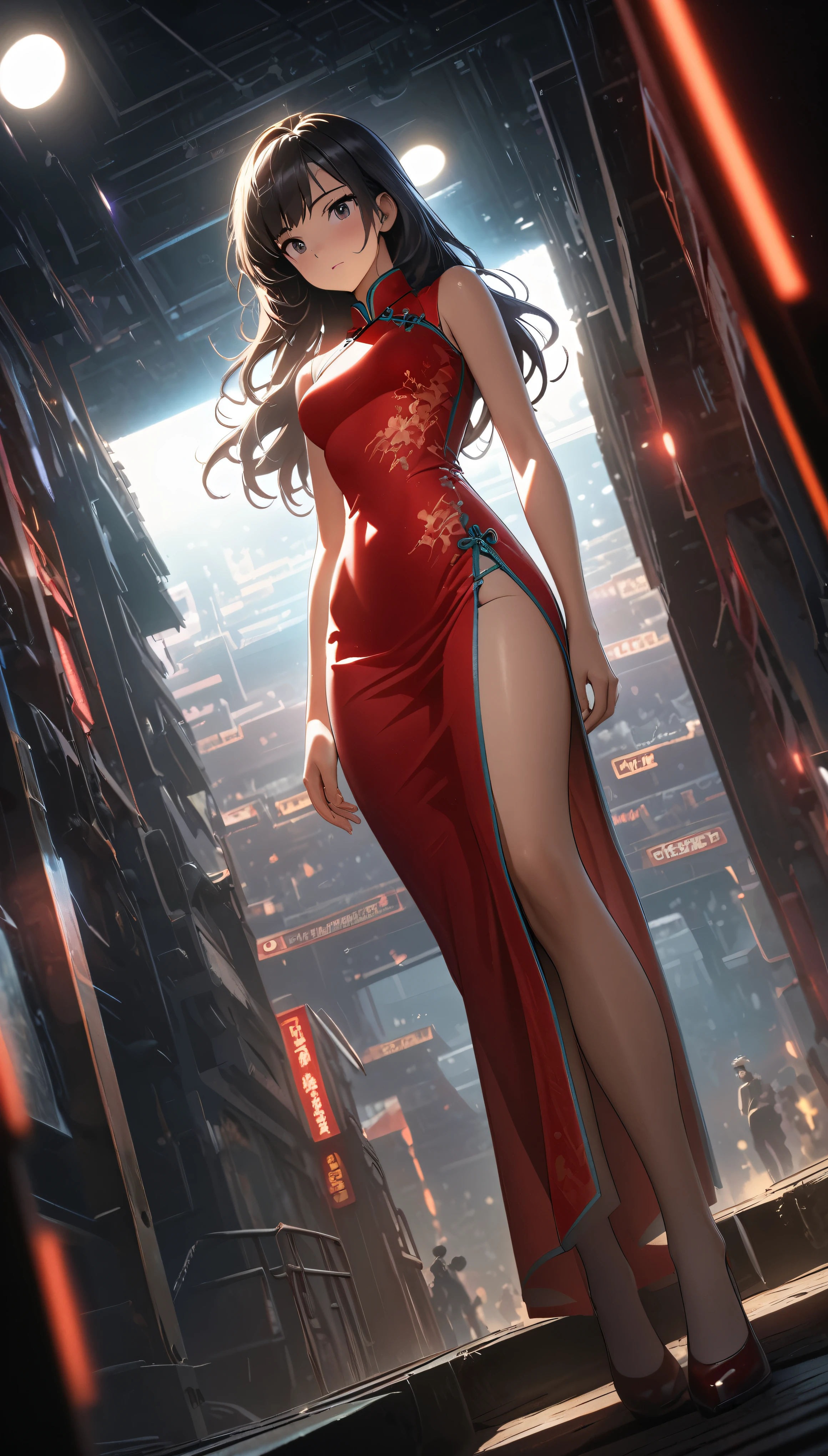 Cheongsam Girl，Long Hair，Pure white background，Depth of written boundary，Low angle view，Calf Level View，Overclocked Renderer，Cinema Lighting，Ultra-fine，Very detailed，complicated，Cinematic Perspective，CG Art，Side zipper