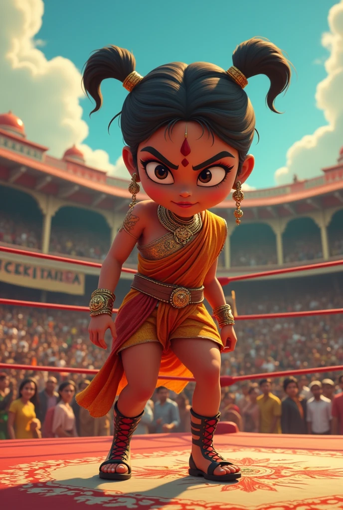 In cinematic 3D cartoon character styles 
India's most powerful woman, 3 Veera Moti, set an example of her strength by picking up a girl in the wrestling ring and throwing her out of the ring.