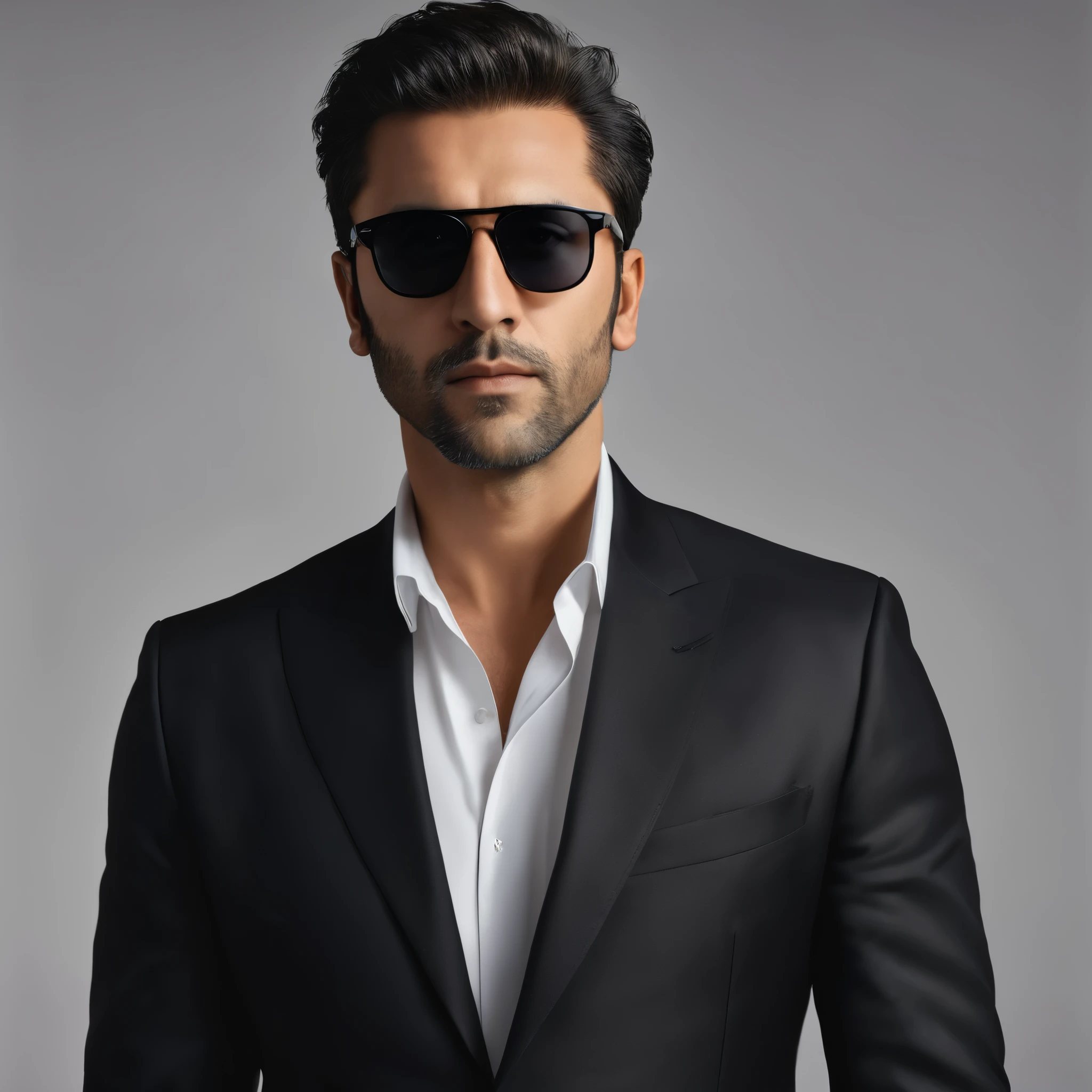 A highly detailed, photorealistic 8K portrait of a man wearing a black suit jacket and sunglasses, with perfect, realistic skin and eyes, posing against a clean background, masterpiece, RAW format