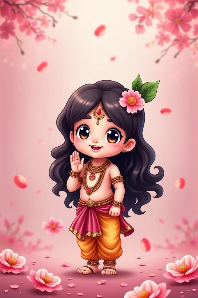 Create an a anime image of   long hair lord Krishna  with full pink background with pink flowers and flower rain 