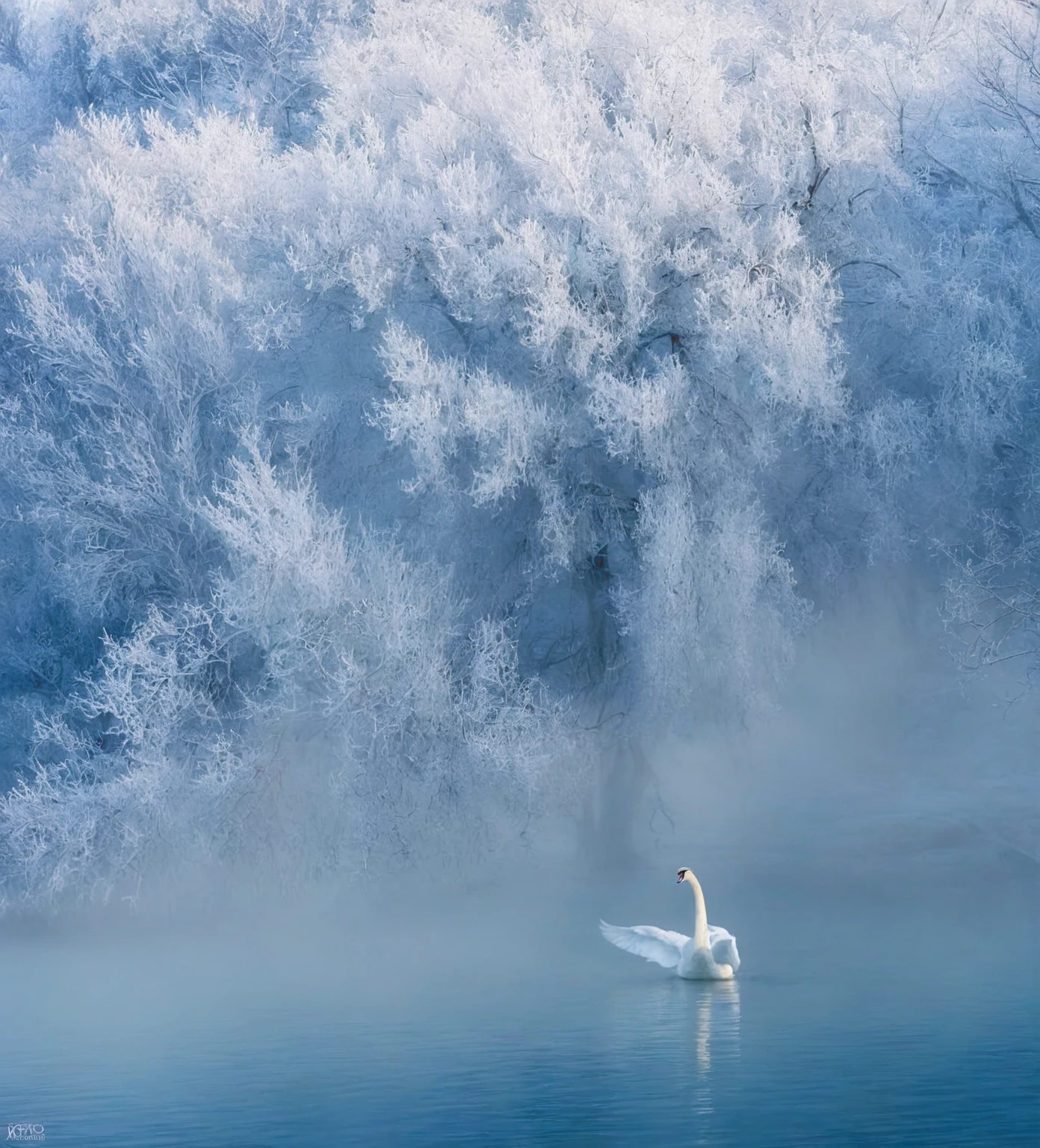 An Alafud swan in the lake，Frosted trees in the background, Extremely beautiful and ethereal, Cold but beautiful, Magical white mist, Fog and swans on the river, In the icy river, Quiet and beautiful, guardian of the holy lake, Ethereal Beauty, god of winter, National Geographic Photo”, Cold, pale and silent atmosphere, The winter mist enveloped her, Cold Environment