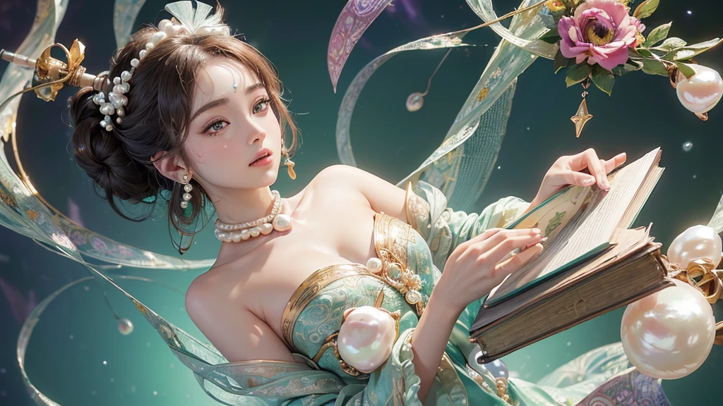 32K, 最高quality, 最高masterpiece, (ultra-Detailed Background, Detailed Background), High resolution, Super detailed, Very detailedな, 1 personの, (bouquet:1.3), (Tangled:1.2), (Geometric:1.2),(colorful),(masterpiece, quality, best quality, Official Art, Beautiful and beautiful:1.2), (1 person:1.3), Very detailed,(colorful:1.1)(Flowers:1.3),Most detailed,(Tangled:1.2), whole body, (Abstract background:1.3), (Skin glows), (Many colors:1.4), ,(Earrings Pearl:1.5), Light green background, It's imaginative., Brunette Hair, Updo, Holding a book, Holding a pen, Satin shirt