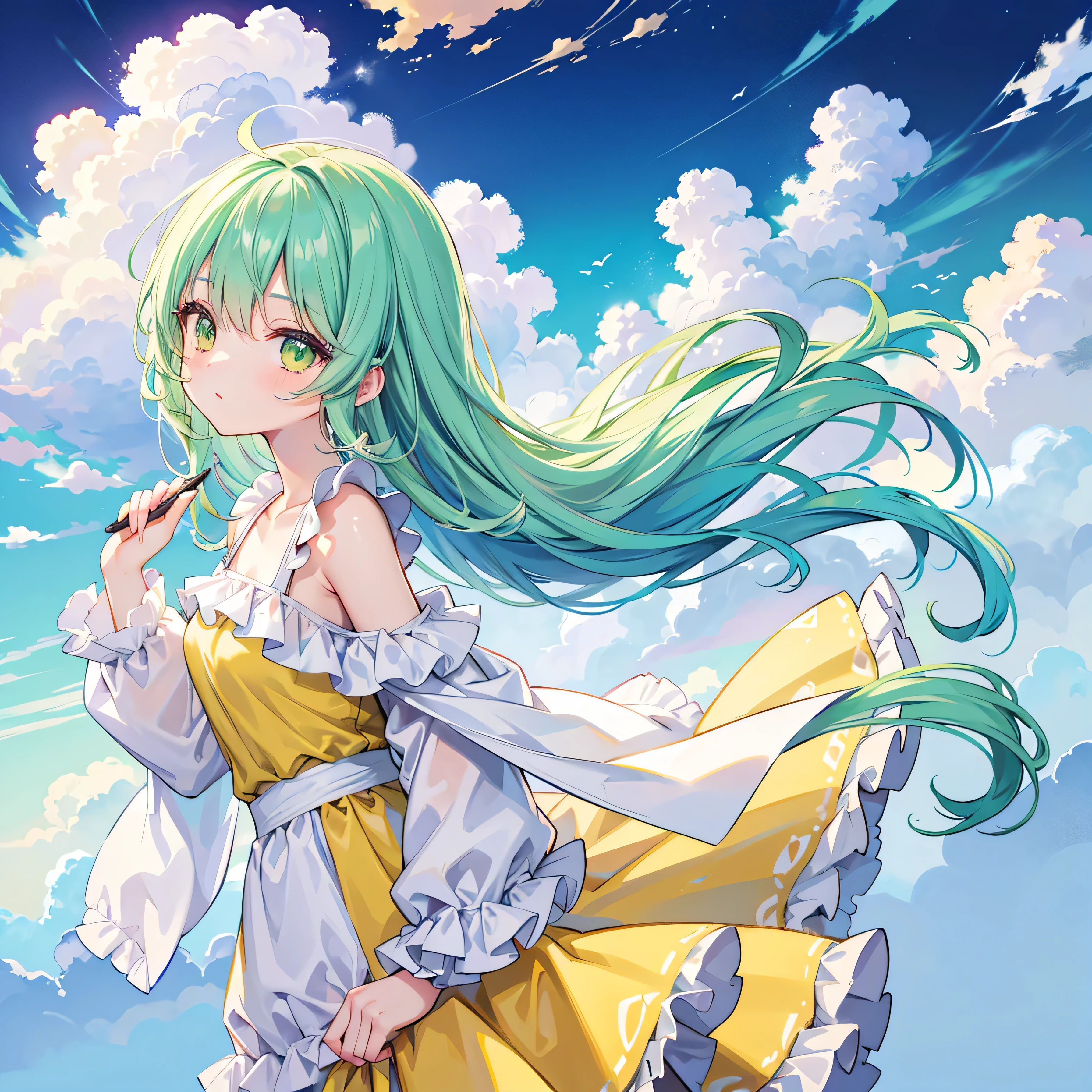 a cute anime girl with A yellow dress made of clouds, the skirt is very fluffy and billows in the wind as she walks, big green eyes with lashes around her face, hair like clouds, white skin glowing in bright light, oil painting, brush strokes, anime style, full-body portrait, dark background, neon lights, colorful, in the style cute --ar 3:4 --niji 6