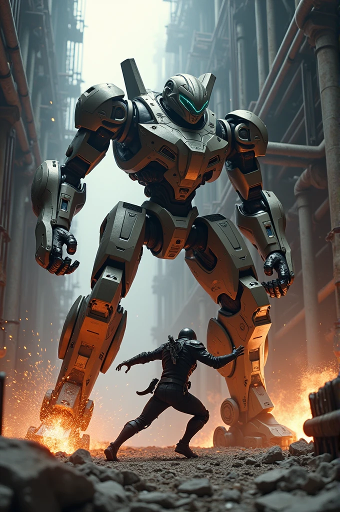 A robot fight with with human
