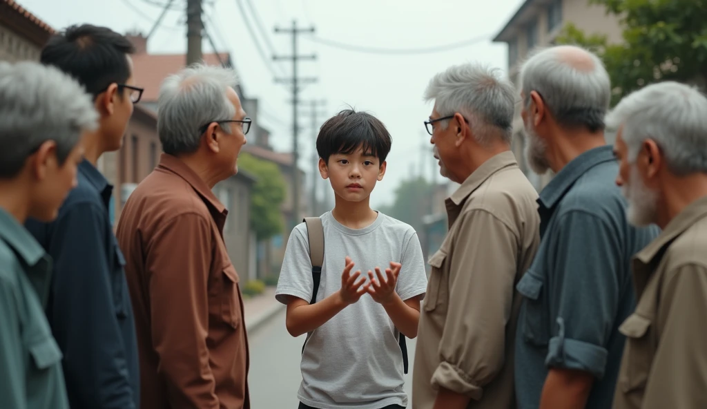 Creat a 18 boy try to talking with 6 older peoples who standing Infront of his , the boy opening his hands and try to explain something, background is a normal road, 8k very ultra realistic