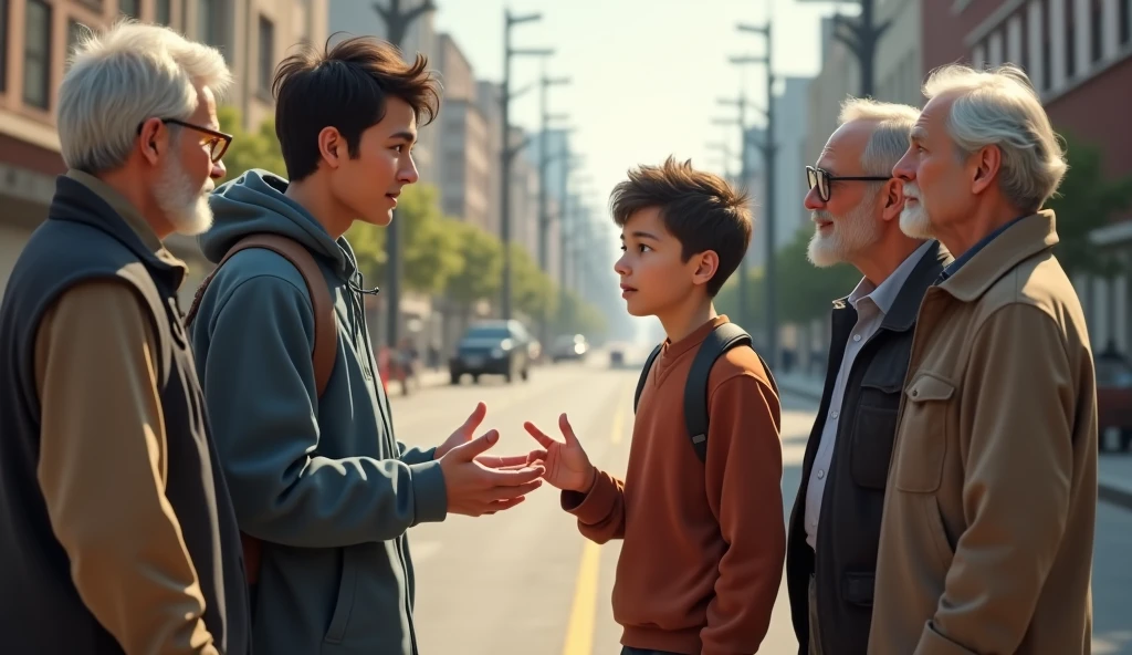 Creat a 18 boy try to talking with 6 older peoples who standing Infront of his , the boy opening his hands and try to explain something, background is a normal road, 8k very ultra realistic