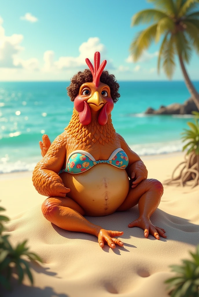 A brunette roast chicken with curly hair in a bikini sits on a dune taking a sunbath