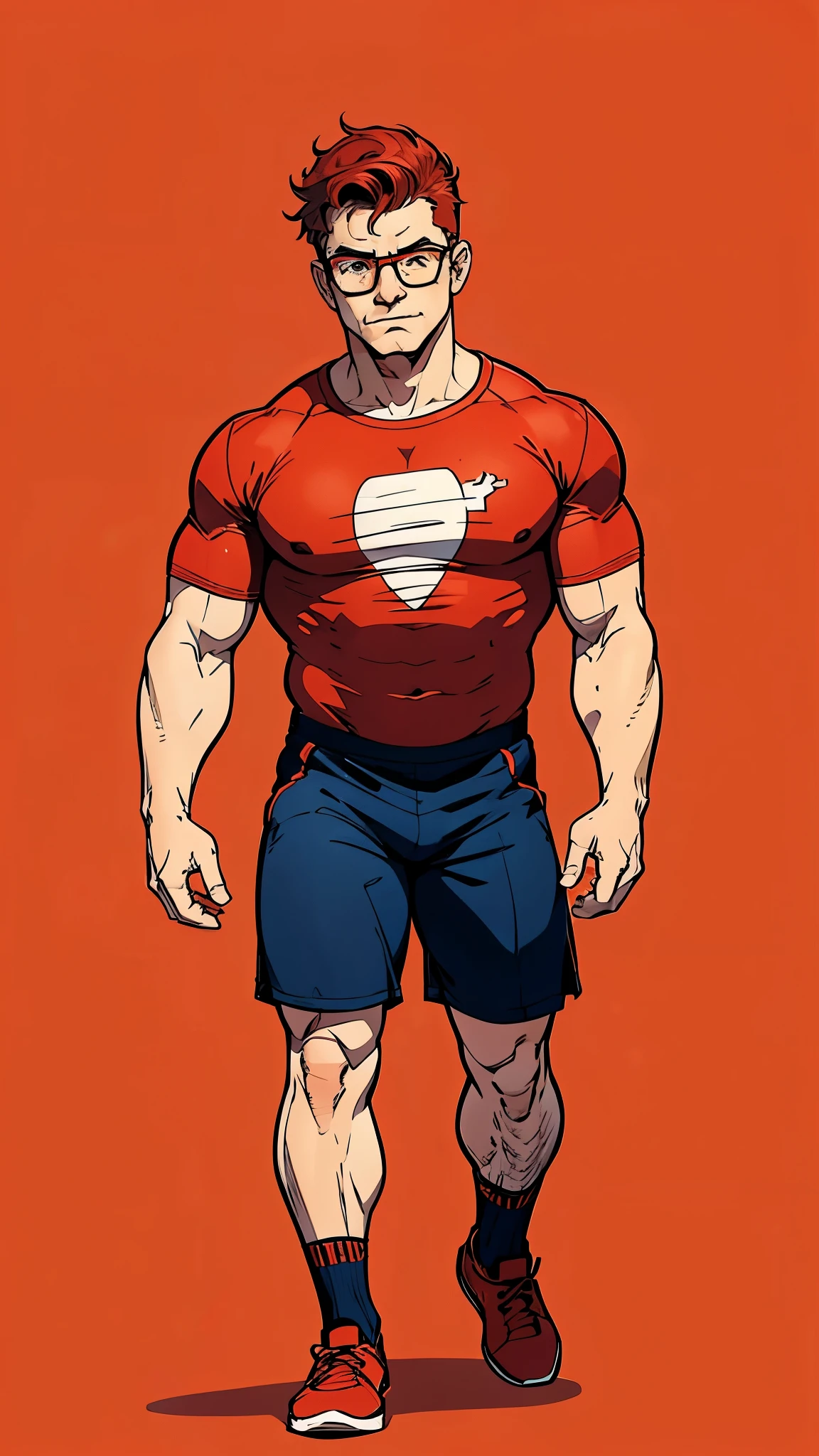DClark, D_Clark, a sketch of a strong man, 25yo, with glasses, red shoes, drawn on paper with a colors pens, walking in the street, simple lines, poor drawing, light background, cartoon style, caricature, simple lines, simple drawing, colored pencil