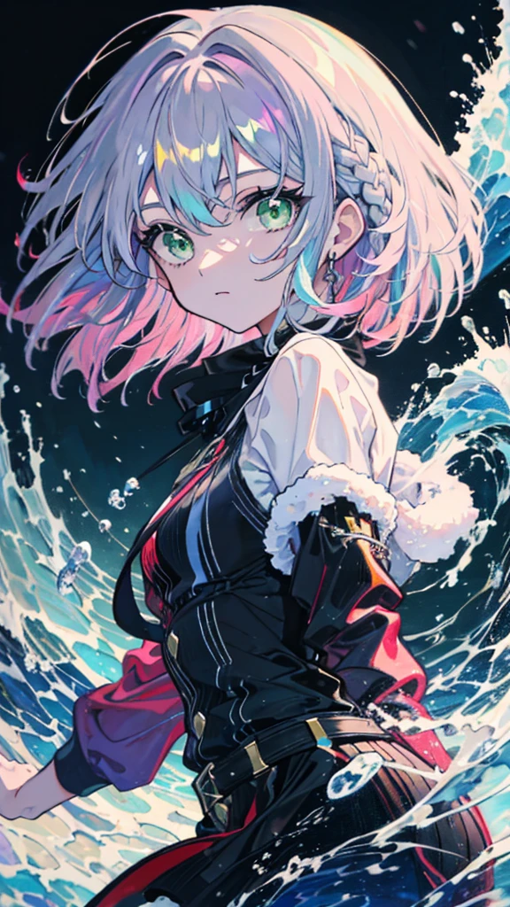 light purple hair, green eyes,wave hair,medium hair,multicolored hair, ((oil painting)),winter back ground