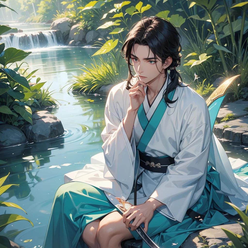 A Handsome black-hair male holding a large sword in white hanfu dress, close up.
Sitting fishing next to a green stream, a blue river full of fish. flowing slowly