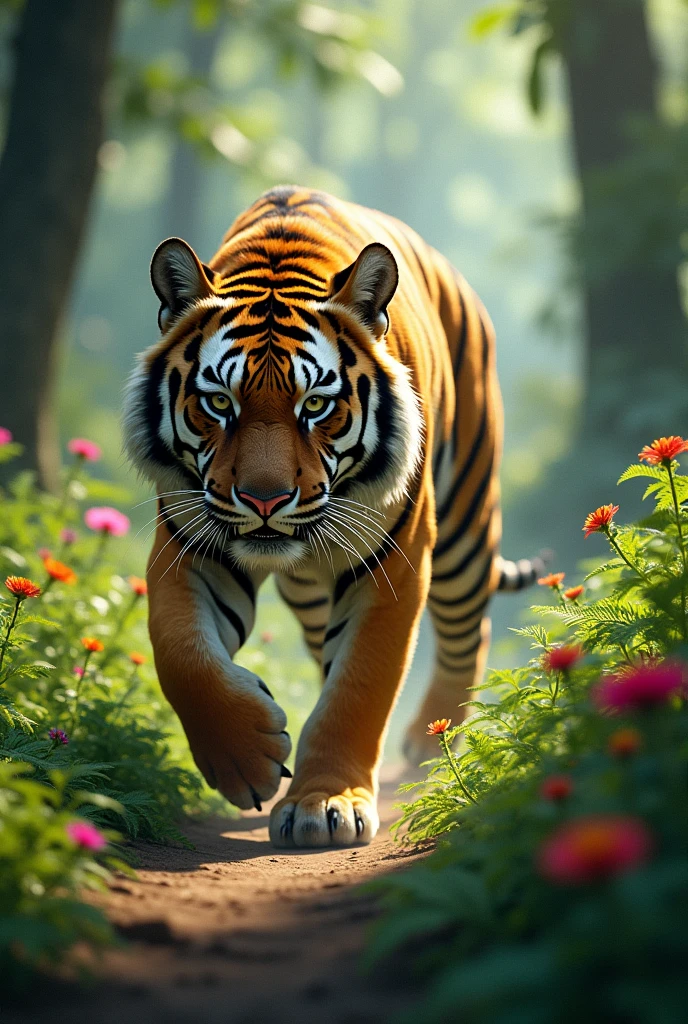 a tiger is hunting in a forest bright image