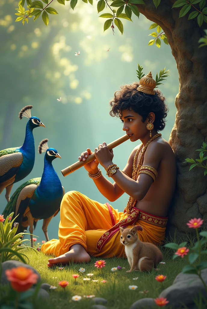 ) Shri krishna playing bamboo        flute sitting on a ground, beautiful group of peacock, squirrel and a beautiful cow beside, fantasyreal 