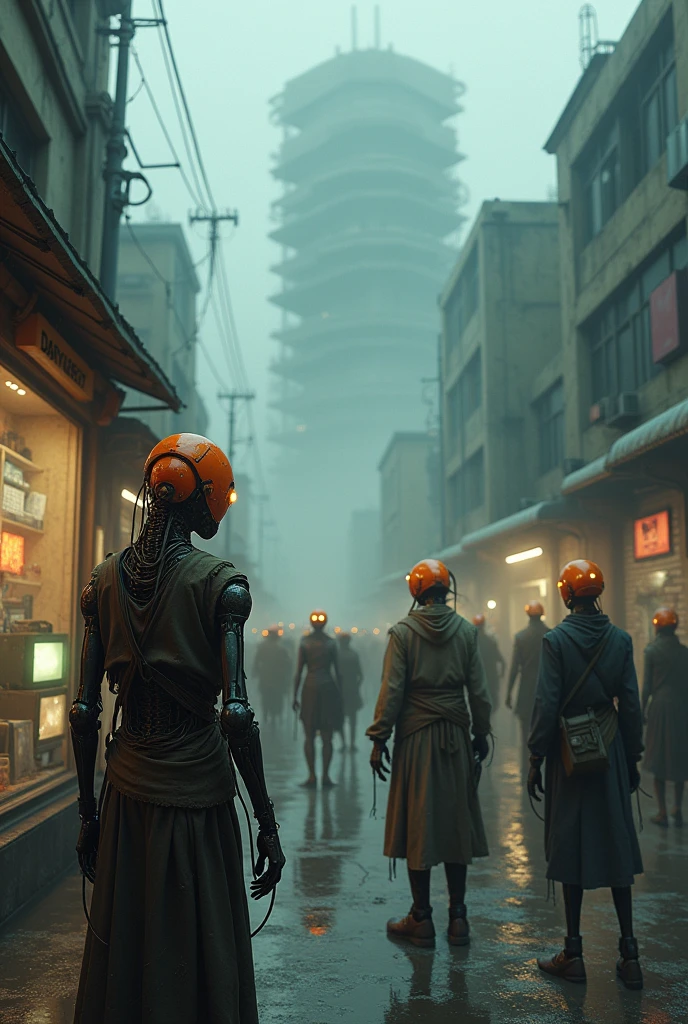 Cyber foggy style destopik street  population robots humanoids old destroyed orange creepy metallic fringed with cables from their faces, talking to each other, destopyc cyberpunk street with other robots in the street their orange masks are orange and grunge and their eyes are lights,foggy street with some light spots, realistic sizes,very sad robots dressed like human poors in front of an old shop exposing old televisions  they must be seen by back and are looking in front of the vitrine by back,in background a crowded very big building futuristic and sad 