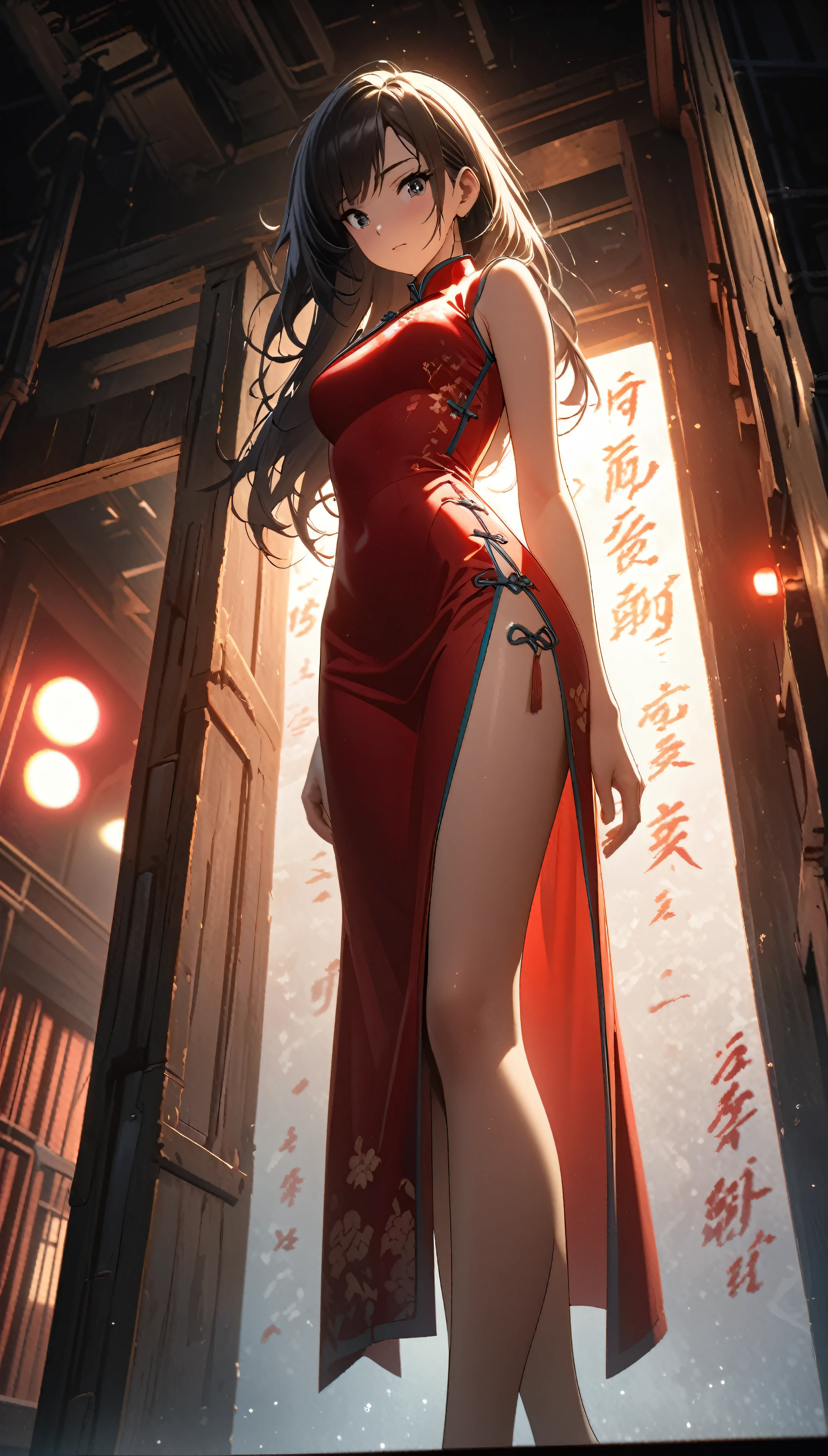 Cheongsam Girl，Long Hair，Pure white background，Depth of written boundary，Low angle view，Calf Level View，Overclocked Renderer，Cinema Lighting，Ultra-fine，Very detailed，complicated，Cinematic Perspective，CG Art，Side zipper