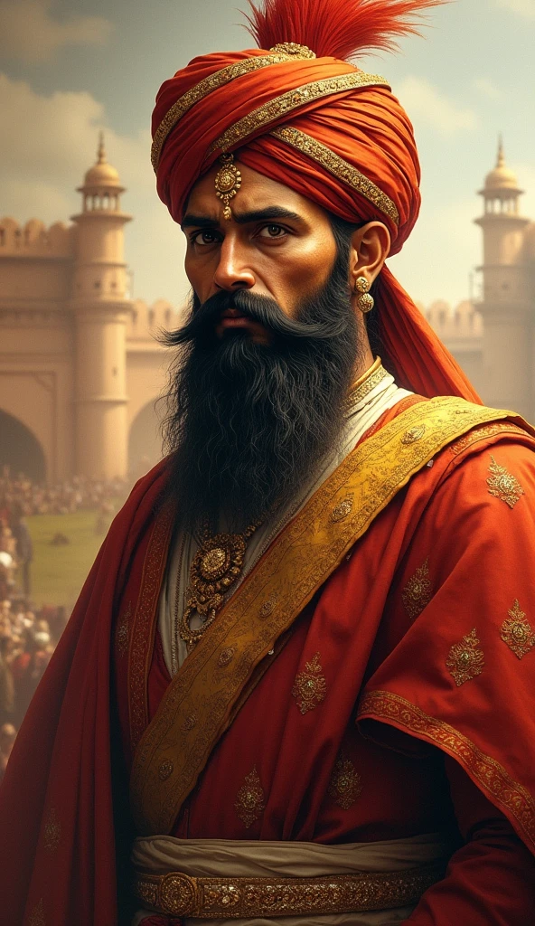 A majestic portrait of Maharaja Ranjit Singh, the iconic ruler of the Sikh Empire, depicted with regal dignity. He is shown wearing a richly adorned turban with a kalgi (plume) and traditional royal attire, including a shawl draped over his shoulder. His face reflects wisdom, strength, and benevolence, with his characteristic single eye focused intently. In the background, the grandeur of the Lahore Fort or a lush, royal garden is visible, adding to the sense of his powerful yet just rule. The scene is bathed in warm, golden light, emphasizing his legendary status and the rich heritage of the Sikh Empire