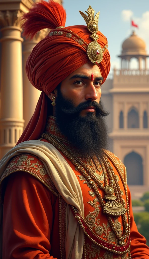 A majestic portrait of Maharaja Ranjit Singh, the iconic ruler of the Sikh Empire, depicted with regal dignity. He is shown wearing a richly adorned turban with a kalgi (plume) and traditional royal attire, including a shawl draped over his shoulder. His face reflects wisdom, strength, and benevolence, with his characteristic single eye focused intently. In the background, the grandeur of the Lahore Fort or a lush, royal garden is visible, adding to the sense of his powerful yet just rule. The scene is bathed in warm, golden light, emphasizing his legendary status and the rich heritage of the Sikh Empire