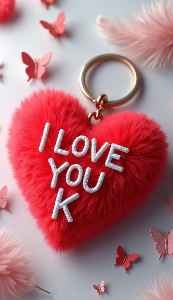 A 3d render of a red fluffy heart keychain with capital words "I Love YOU K" embroidered in black color, a white feather and butterflies, The background is a light gray.