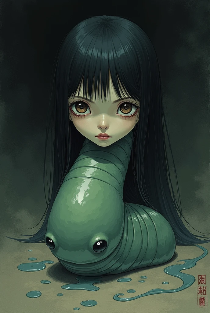 Draw a slug with the head of a little human girl, about , black hair, Asian, and a slug body, leaving slug slime wherever it passes. Use the style of Junji Ito.