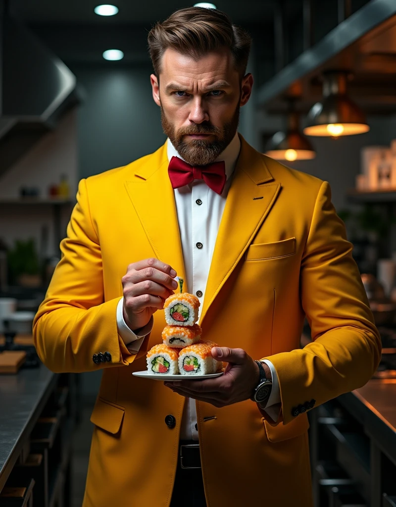 advertising photography, Angle from bottom to top, A strong, full-bodied man of European appearance looks arrogantly up from below in a yellow jacket and a red bow tie, holds Japanese very appetizing rolls as if offering them to the viewer, Studio Photography, studio lighting, realistic skin texture and detail, the man stands slightly sideways, background dark kitchen of a restaurant where they cook Japanese rolls, The photo was taken from the waist up