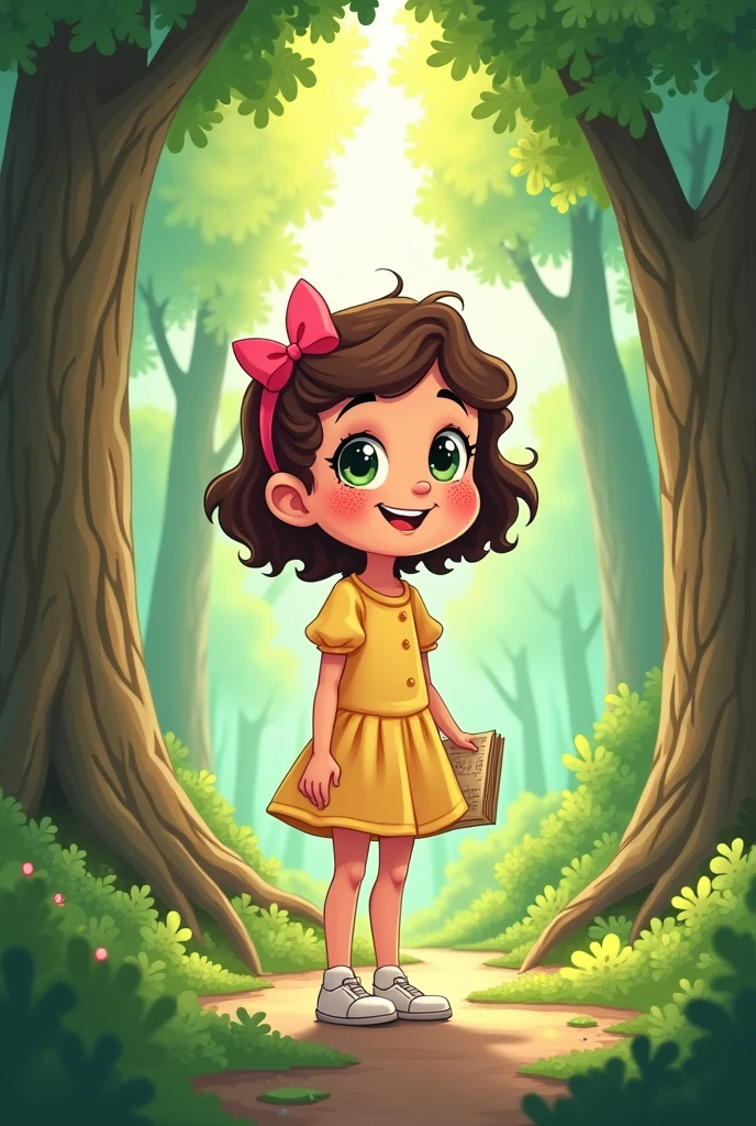 Character: Ellie, a girl Appearance: Ellie has short, curly brown hair with a pink bow on the side, large curious green eyes, a round face with freckles, and a joyful smile. She wears a light yellow dress with puffed sleeves and white shoes. A cartoon vector illustration of Ellie standing at the entrance of a lush green forest, with sunlight streaming through the trees, in a 2.5D style. Ellie is looking up with wide eyes, holding a small map in one hand, ready to explore.