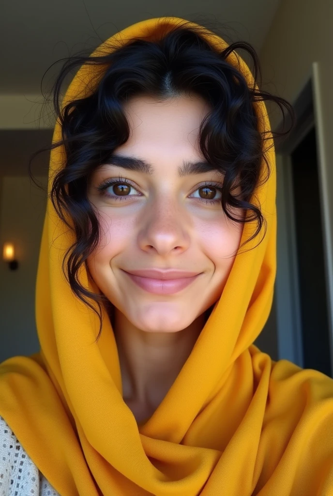 it is a selfie picture , a real girl , persian , No cosmetic surgery, smiling , black hair , curly hair , black eyes , young , normal face , not much beauty , yellow scarf cover top of head ,