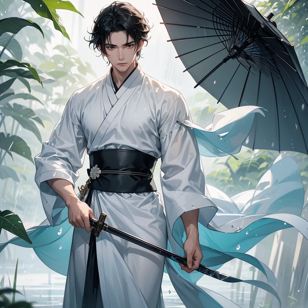 A Handsome black-hair male holding a large sword in white hanfu dress, close up.
Stand holding an umbrella to protect from the rain. Rain fell and splashed around. There are water droplets falling on the leaves in the surrounding area, green and moist, the atmosphere after rain.