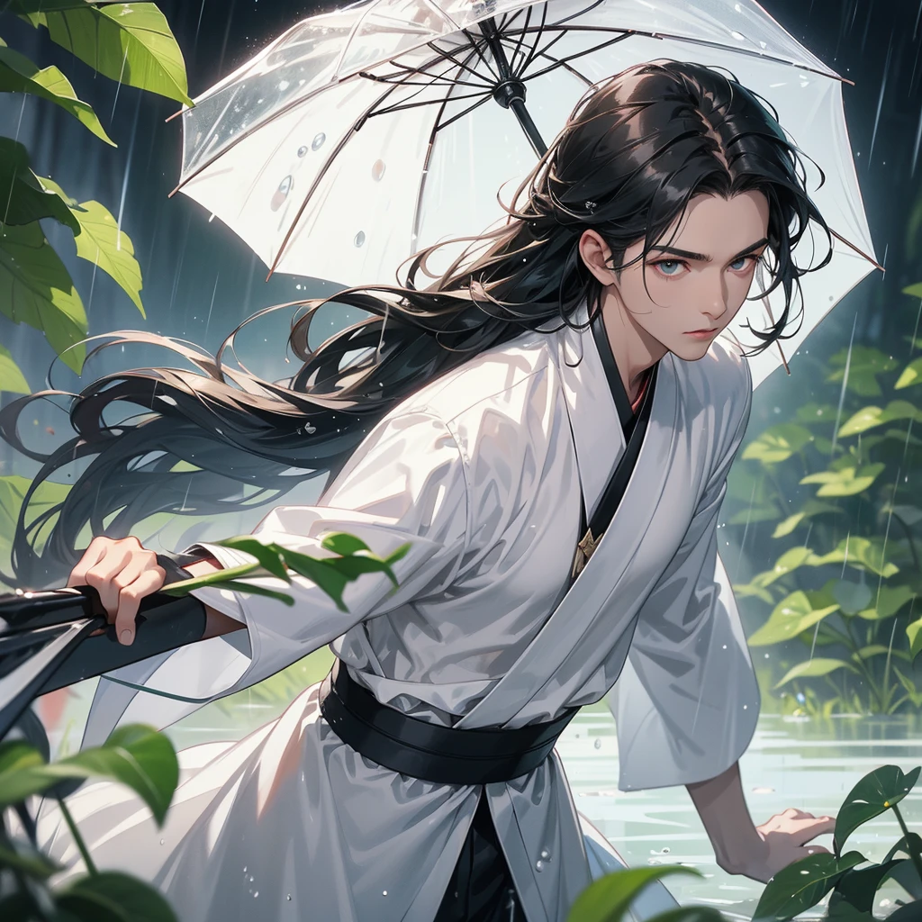 A Handsome black-hair male holding a large sword in white hanfu dress, close up.
Stand holding an umbrella to protect from the rain. Rain fell and splashed around. There are water droplets falling on the leaves in the surrounding area, green and moist, the atmosphere after rain.