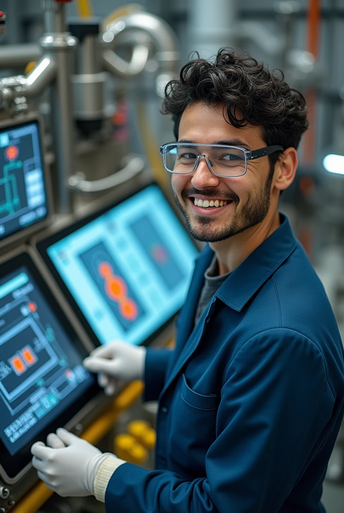 photo of a thin male electrical engineer with short curvy black hair wearing complete safety clothing and safety gloves smiling broadly while working in front of a human machine interface display for electrical power research with a background of active nuclear fusion, the photo was taken from directly above and highlights the face down to the feet