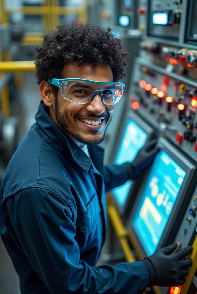photo of a thin male electrical engineer with short curvy black hair wearing complete safety clothing and safety gloves smiling broadly while working in front of a human machine interface display for electrical power research with a background of active nuclear fusion, the photo was taken from directly above and highlights the face down to the feet