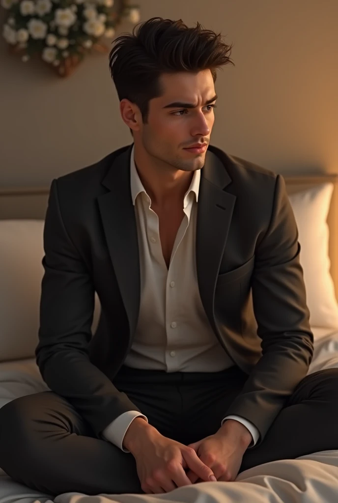A handsome guy sitting on bed... blushing wearing bleser 