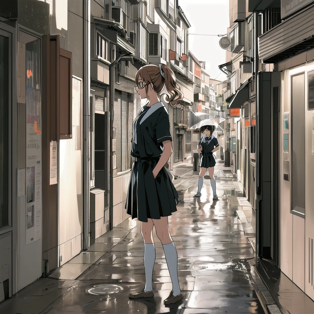 /imagine prompt: Two female characters standing closely in the rain on a quiet city street. They maintain a semi-profile view, gazing into each other’s eyes. The first character has dark hair and wears an oversized T-shirt with a carrot graphic, showing a melancholic expression. The second character has light brown curly twin tails, large round glasses, and wears a school uniform. The scene is intimate and tranquil, with warm light reflecting on the wet surfaces of the street. The overall aesthetic is detailed and vibrant, emphasizing the connection between the characters and the serene atmosphere.