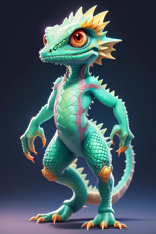 Create a cute lizard monster image.. The body is transparent and can be seen through. The image is sharp and detailed., with beautiful colors.. With arms, leg, eyes, mouth, พื้นหลังสีlegว
