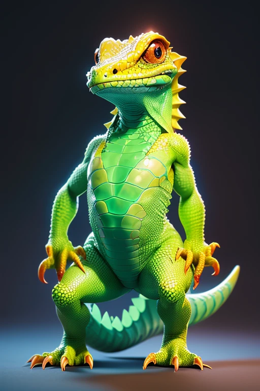 Create a cute lizard monster image.. The body is transparent and can be seen through. The image is sharp and detailed., with beautiful colors.. With arms, leg, eyes, mouth, พื้นหลังสีlegว